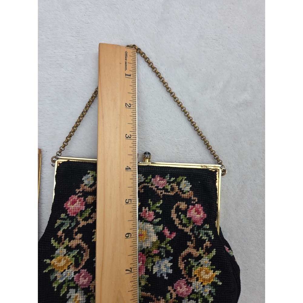 Vintage Handmade Needlepoint Petit Point Floral Hand Bag Purse Black Chain Strap - Picture 6 of 16